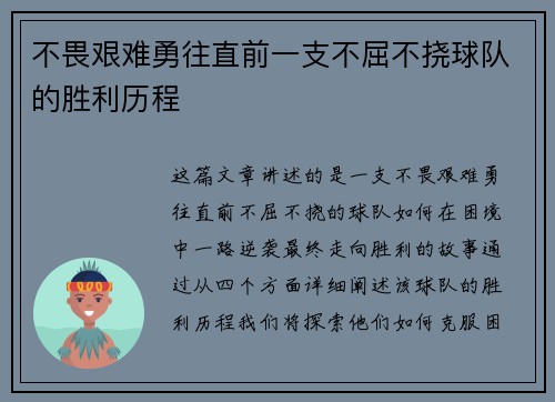 不畏艰难勇往直前一支不屈不挠球队的胜利历程