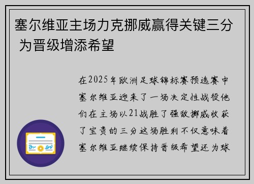 塞尔维亚主场力克挪威赢得关键三分 为晋级增添希望