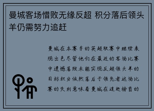 曼城客场惜败无缘反超 积分落后领头羊仍需努力追赶