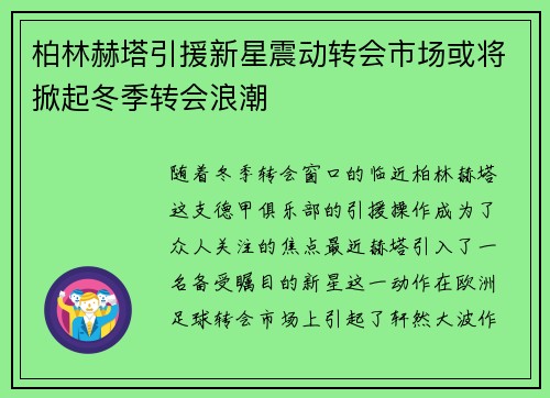 柏林赫塔引援新星震动转会市场或将掀起冬季转会浪潮
