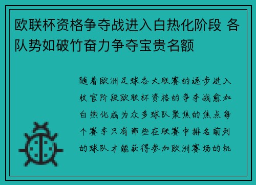 欧联杯资格争夺战进入白热化阶段 各队势如破竹奋力争夺宝贵名额