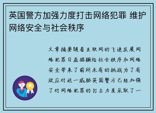 英国警方加强力度打击网络犯罪 维护网络安全与社会秩序