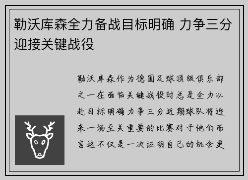 勒沃库森全力备战目标明确 力争三分迎接关键战役
