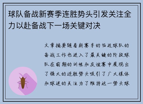球队备战新赛季连胜势头引发关注全力以赴备战下一场关键对决