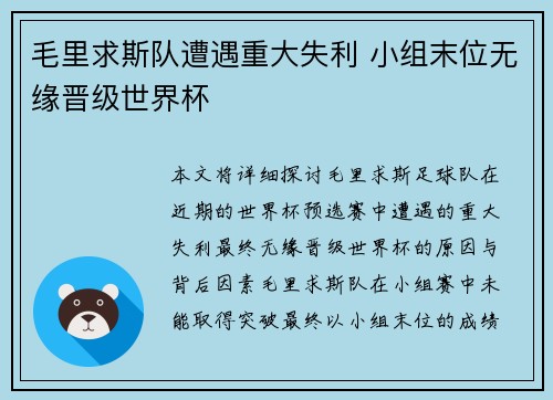 毛里求斯队遭遇重大失利 小组末位无缘晋级世界杯