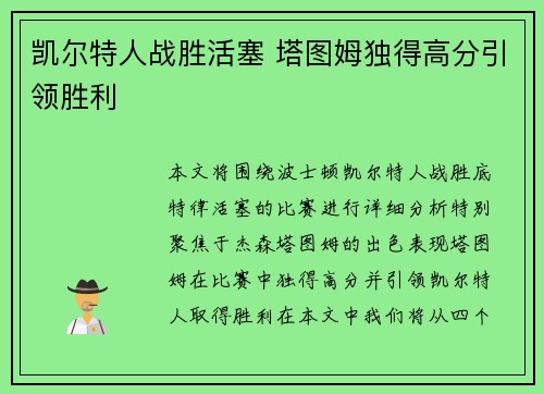 凯尔特人战胜活塞 塔图姆独得高分引领胜利