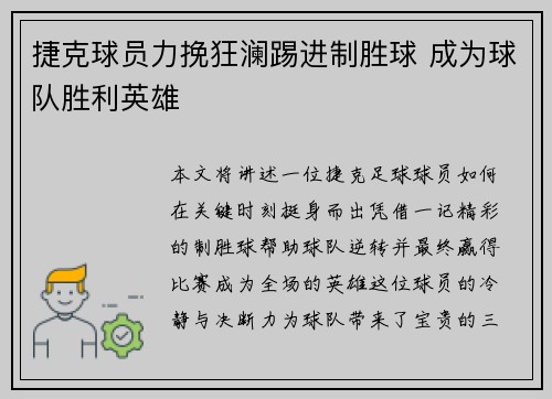 捷克球员力挽狂澜踢进制胜球 成为球队胜利英雄