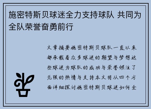 施密特斯贝球迷全力支持球队 共同为全队荣誉奋勇前行