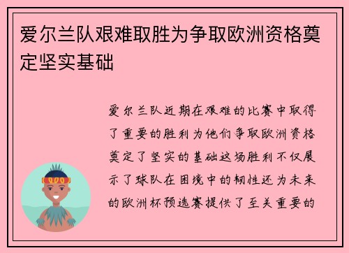爱尔兰队艰难取胜为争取欧洲资格奠定坚实基础