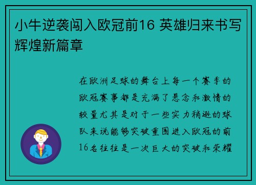 小牛逆袭闯入欧冠前16 英雄归来书写辉煌新篇章
