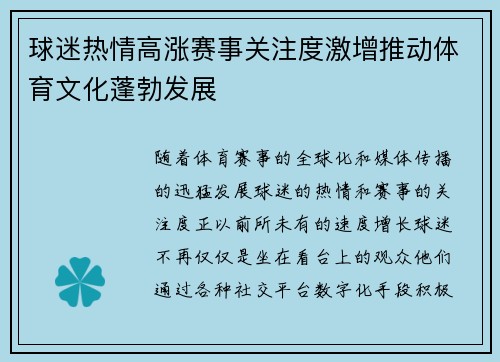 球迷热情高涨赛事关注度激增推动体育文化蓬勃发展