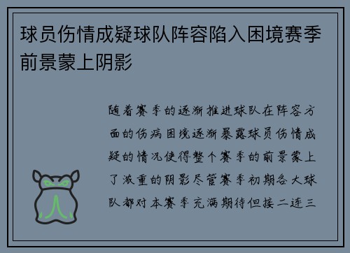 球员伤情成疑球队阵容陷入困境赛季前景蒙上阴影