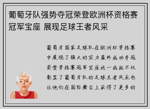 葡萄牙队强势夺冠荣登欧洲杯资格赛冠军宝座 展现足球王者风采