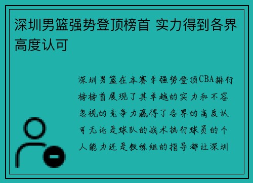 深圳男篮强势登顶榜首 实力得到各界高度认可