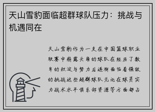 天山雪豹面临超群球队压力：挑战与机遇同在