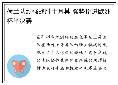 荷兰队顽强战胜土耳其 强势挺进欧洲杯半决赛